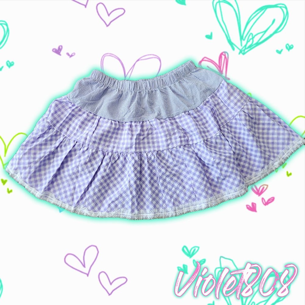 [L] Purple/White Gingham Plaid Lace Ruffle Skirt
